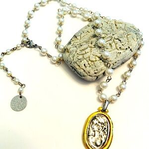 Greek Goddess pendant necklace, gold and silver pendant necklace, pearls chain